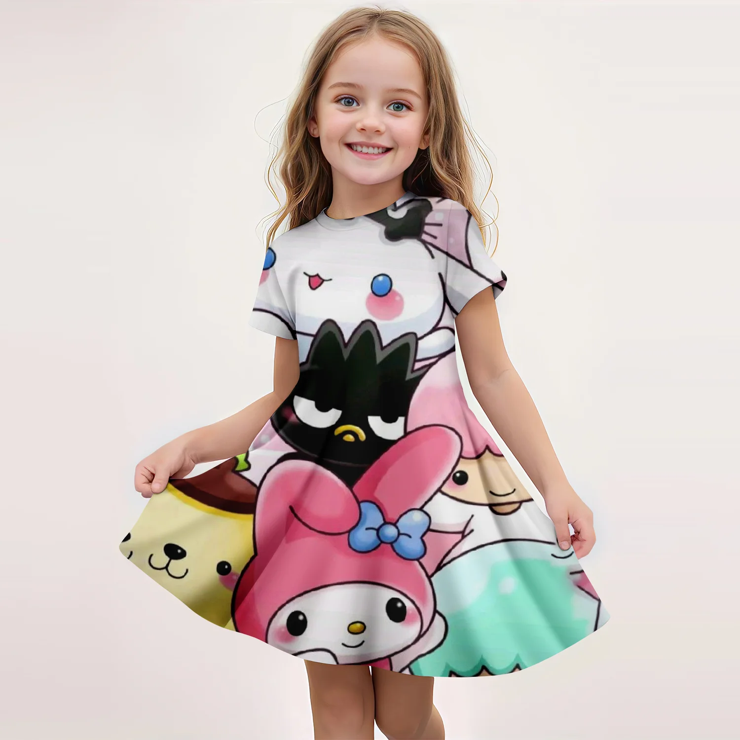 MINISO New Girls Summer Dress Cartoon Cute Hello Kitty Good friends Print Dresses Girls Short Sleeve Princess Fashion Clothing