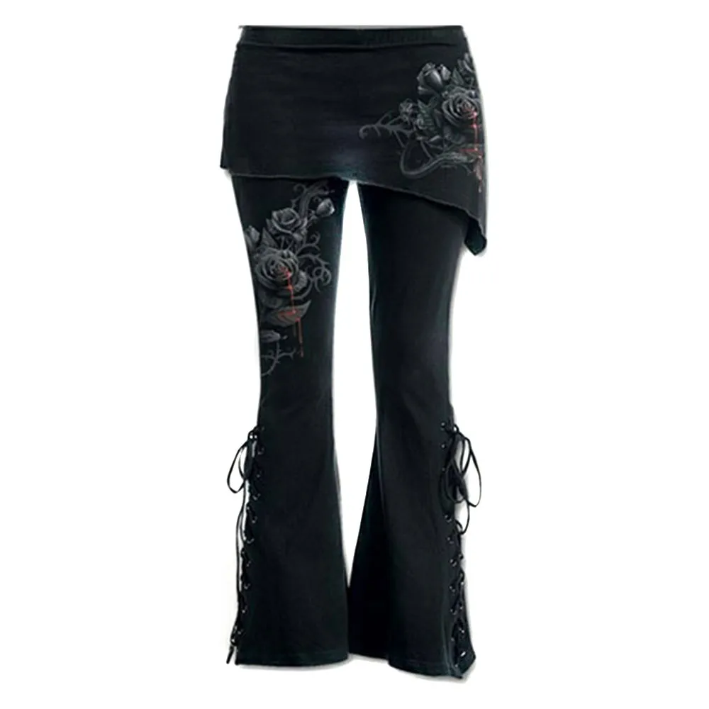 Women Black Embroidered Casual Bandage Flares Punk Lace Up Bell Bottom Leggings Vintage Pockets Solid Autumn Y2K Pants