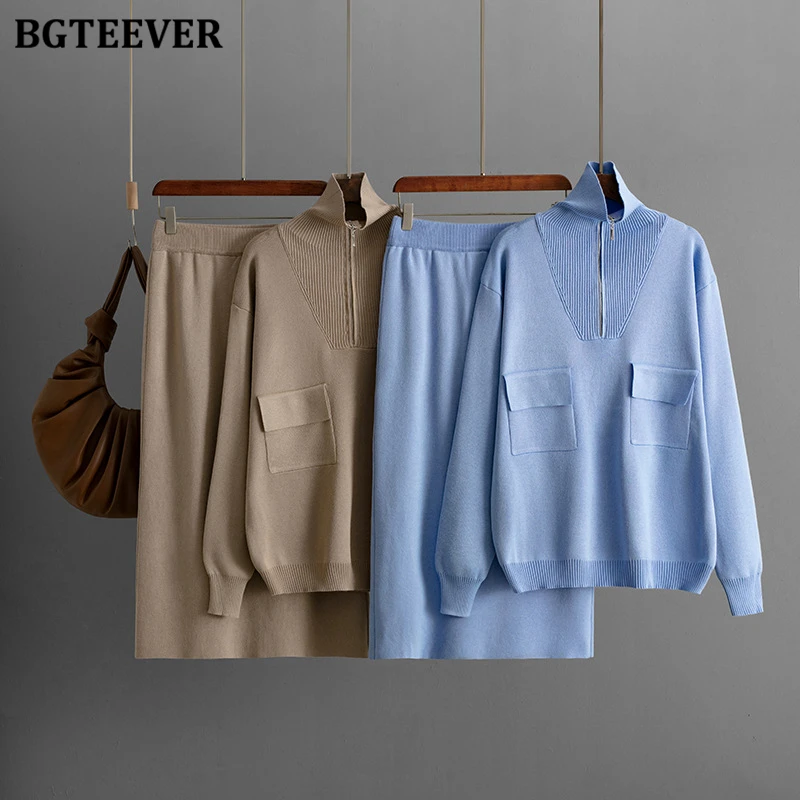 BGTEEVER Elegant Warm Knitted Skirt Suits for Women Autumn Winter Half High Collar Zipper Up Pullovers & Package Hip Skirts