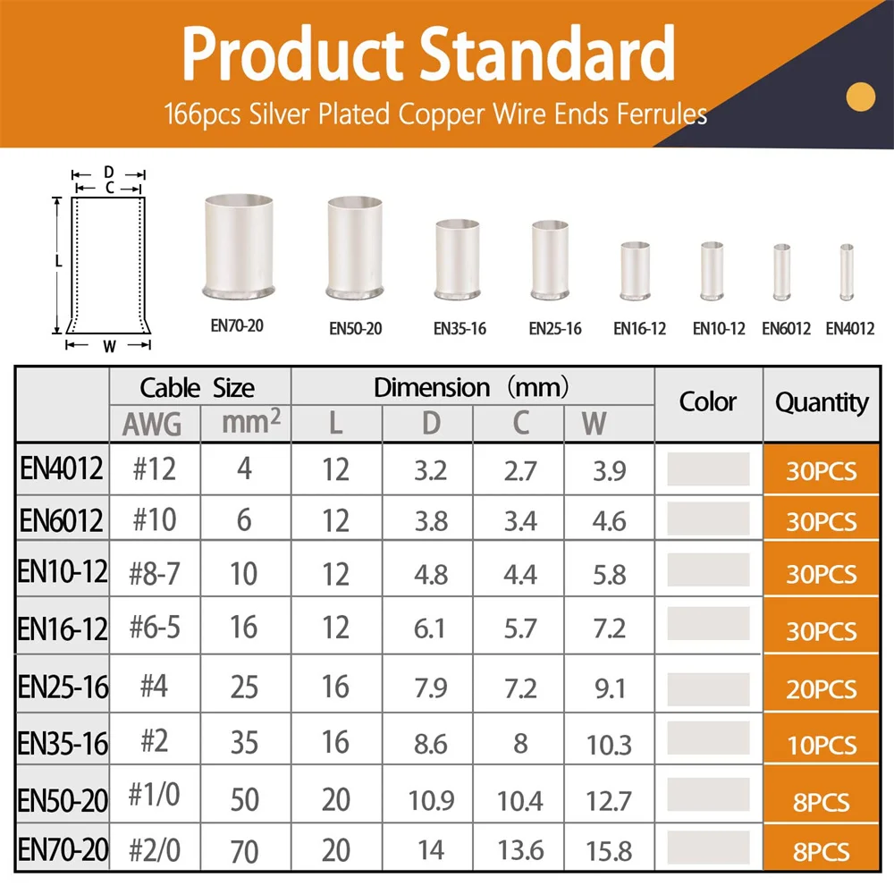 166Pcs AWG (1/0 2/0 2 4 6 8 10 12 ) Wire Ferrule Silver Plated Copper Crimp Connector Electrical Cable Pin Cord End Terminal Kit