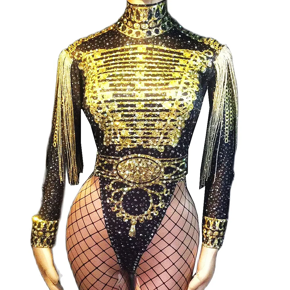 Shining Sequin Gold Tassel Women Jumpsuits Long Sleeve Dance Body Suits Singer Stage Leotard Rave Festival Drag Queen Costumes