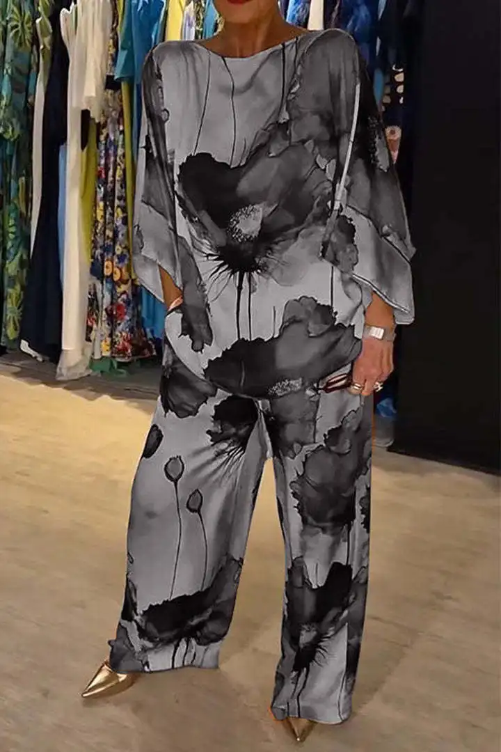 Abito da donna con coulisse e maniche a pipistrello stampato allentato in seta elegante urbano da donna in due pezzi per le vacanze casual alla moda