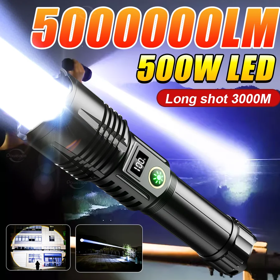 

2025 Rechargeable Flashlights 500W High Power LED Tactical Flashlight Super Bright Handheld Hunting Torch Light Emergency Hiking