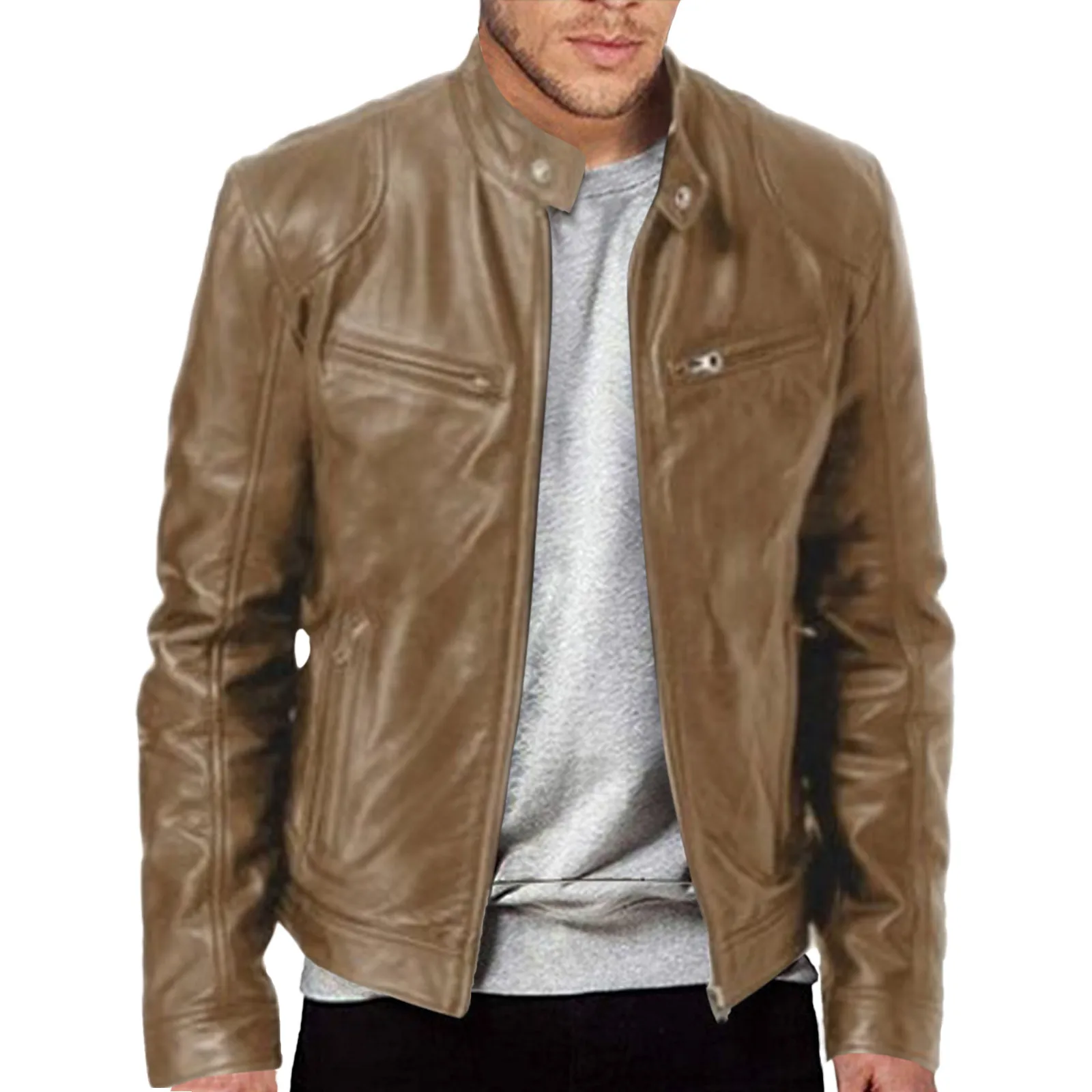 

Mens Faux Leather Jackets Autumn Winter Casual Solid Coat Sports Zipper Coat Baseball Button Lapel Long Sleeve Jacket For Men