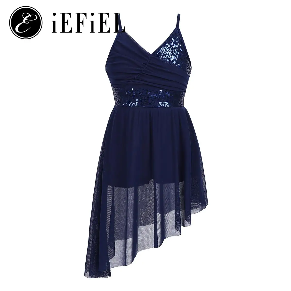 

Kids Girls Sequins Lyrical Dance Dress Spaghetti Straps Ballet Leotard Irregular Hem Skirts Modern Contemporary Costume