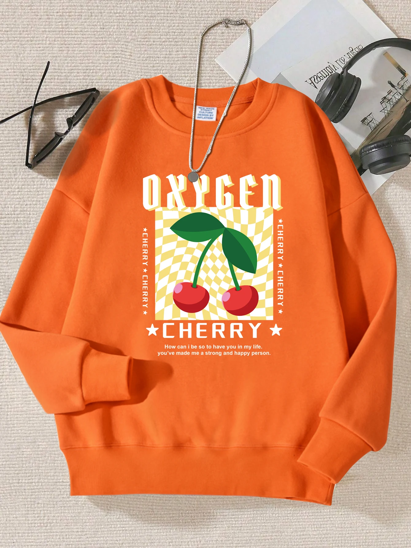 Fresh Cherry Pattern Sweatshirts Woman Warm Fleece Sportswear Casual Crewneck Pullovers Autumn All-Match Unisex Clothing