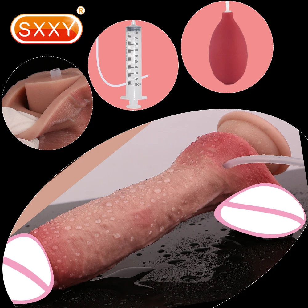 SXXY Ejaculation Realistic Dildo Dual Layer Skin Feeling Penis With Suction Cup Female Male Masturbator Syringe Squirting Sextoy