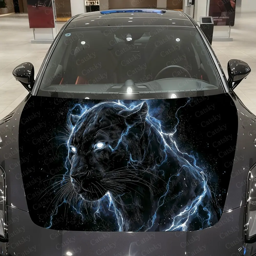 Teal Lightning Black Panther Car Vinyl Wrap, PVC Waterproof Car Hood Sticker, Self-Adhesive Scratch-Resistant Stickers