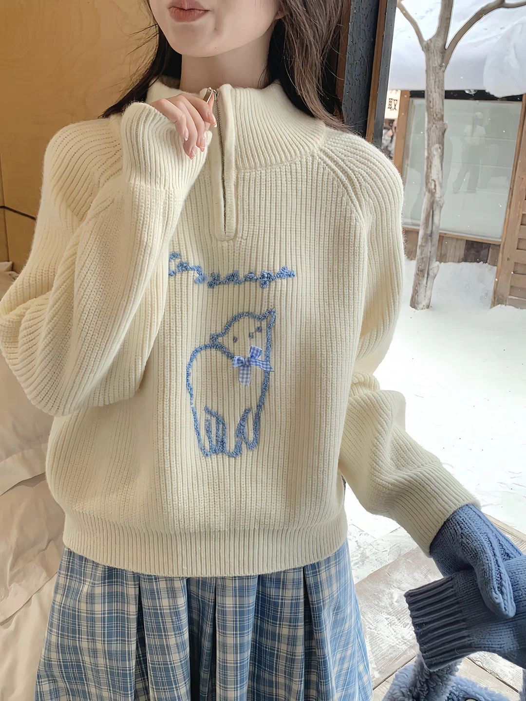 

Утепленный вязаный свитер Cozydays с вышивкой и воротником-стойкой на молнии для женщин, зимний, теплый, свободный крой, с длинными рукавами