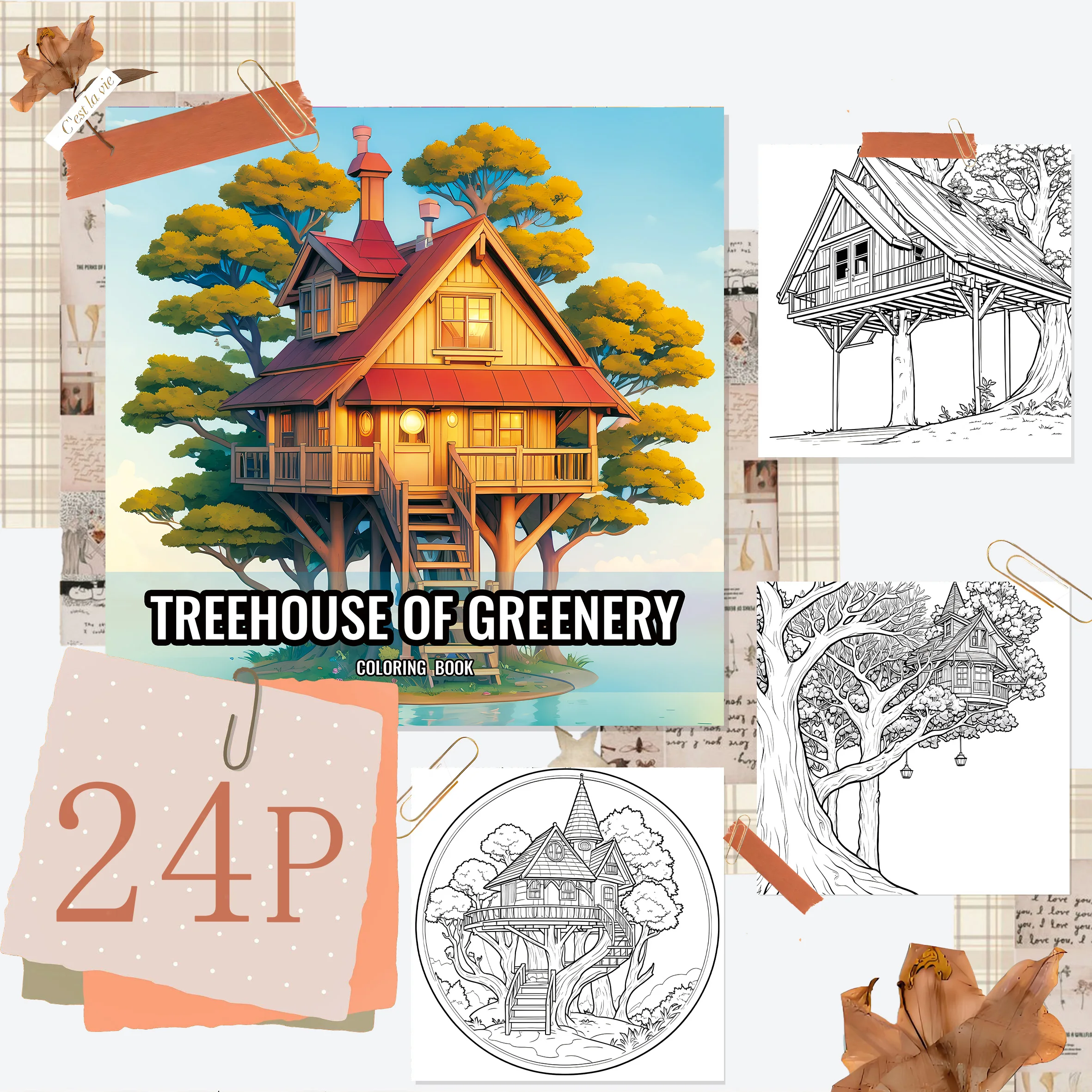 TREEHOUSE OF GREENERY Coloring Book House Picture Books for Adults 24 Page The Perfect Gift for A Multi-colored Pencil Art Party