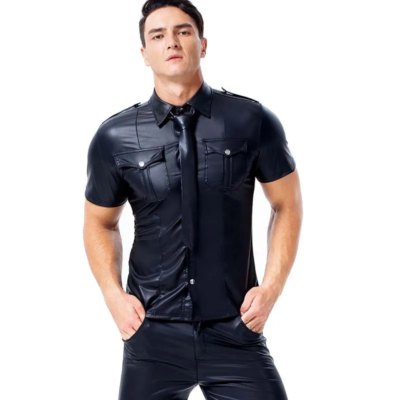 Men Latex PVC Shirt Top Sexy Open Elasticity Faux Leather Short Sleeve Shirt Nightclub Stage Bar Club Wear Fetish Erotic Costume