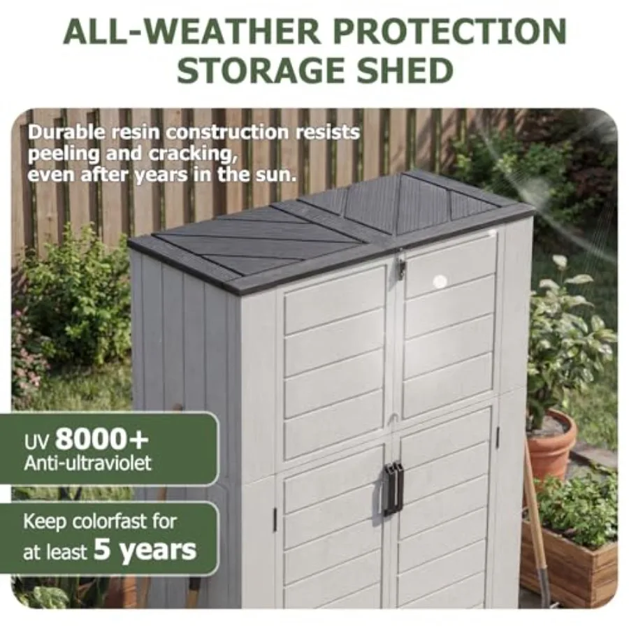 Outdoor storage shed for garden tools and pool equipment: 61 cu.ft, widened vertical resin cabinet with floor, waterproof, gray