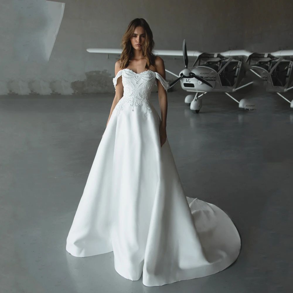 

A-Line Wedding Dresses 2025 Bridal Off Shoulder Applique Vintage Bride Gowns Sweetheart Satin Beaded robe de mariée Customized