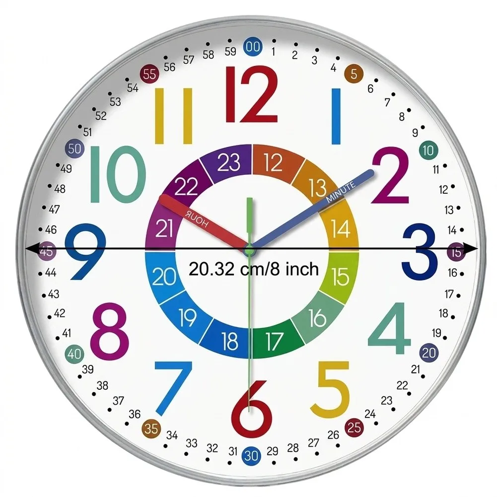 Vibrant 8 Inch Wall Clock for Children Silent Quartz Movement Easy Time Recognition Design for Home School Learning Environment