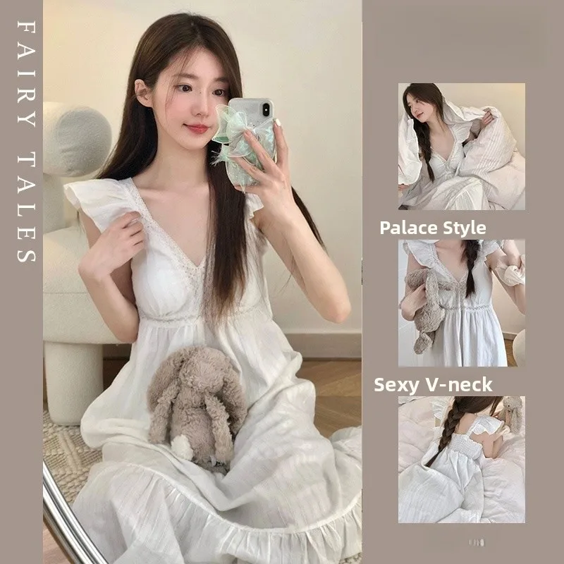 

Pure Desire Sle Princ Lace Nightgown Summer Home Clothes Ins Cotton Pad Spwear Women's Long Sve V-ne Dr