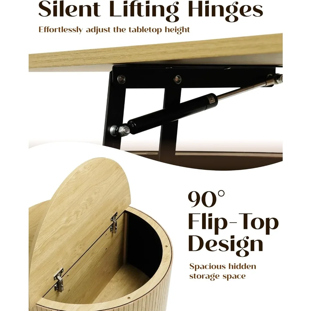 طاولة قهوة مستديرة مخددة مع سطح رفع، طاولة قهوة طبيعية بدائرة صغيرة مقاس 31.5 بوصة مع مساحة تخزين لغرفة المعيشة