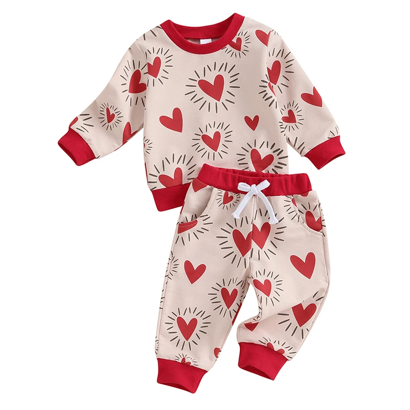 Sweety Baby Valentine’s Day Outfits Lovely Long Sleeve Heart Sweatshirt Trousers Set Cute Infant Baby Clothes 2Pcs Set