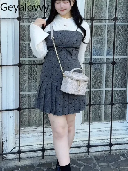 

New Japanese Style Strap Dress Bow High Waist Pleated Fashion Commuting Versatile Sweet and Cute Short Dresses for Women