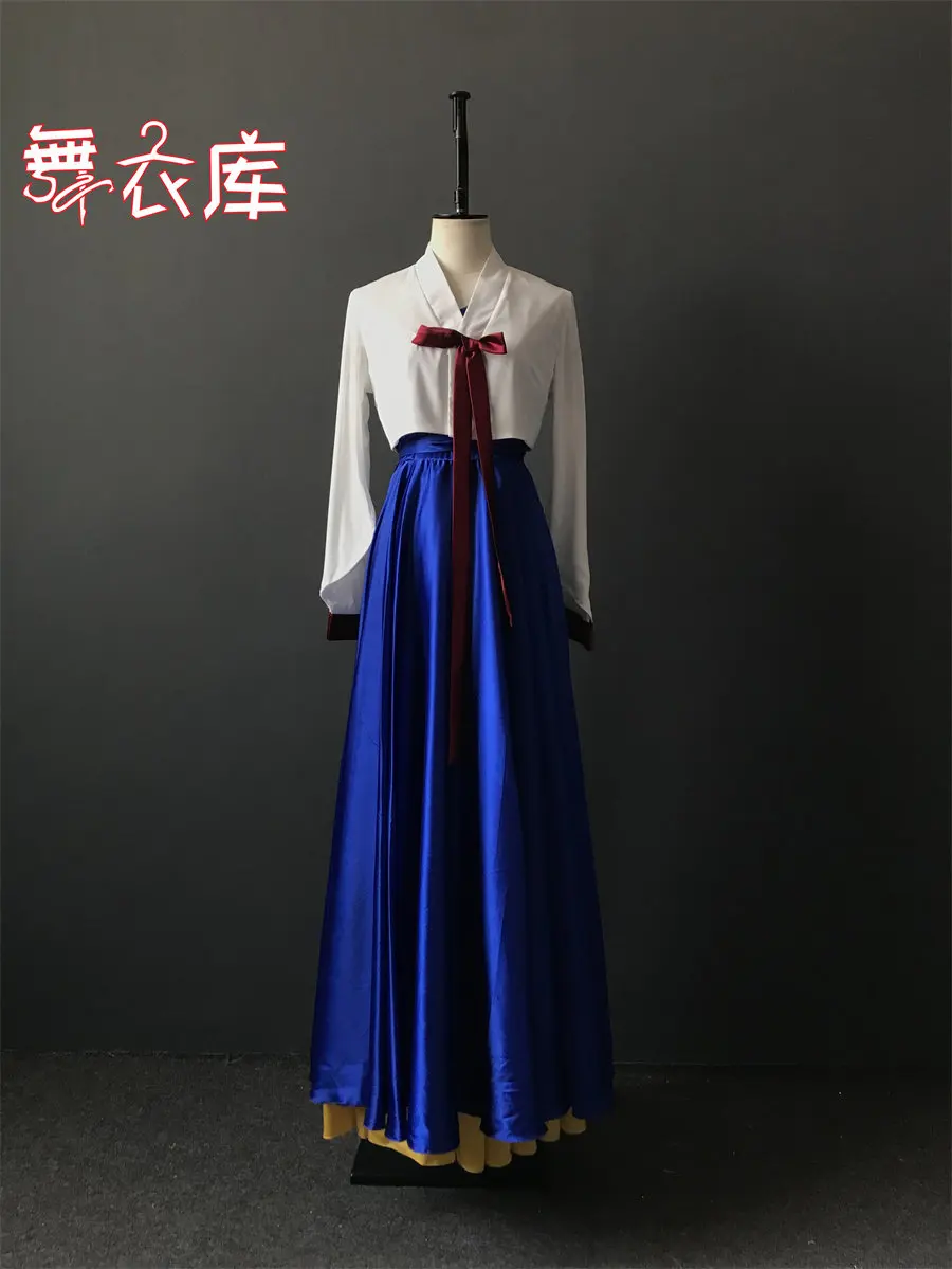 Women Modern Hanbok Korean Folk Dance Practice Costume White Top Royal Blue Double Layer Satin Swing Skirt for Stage Show