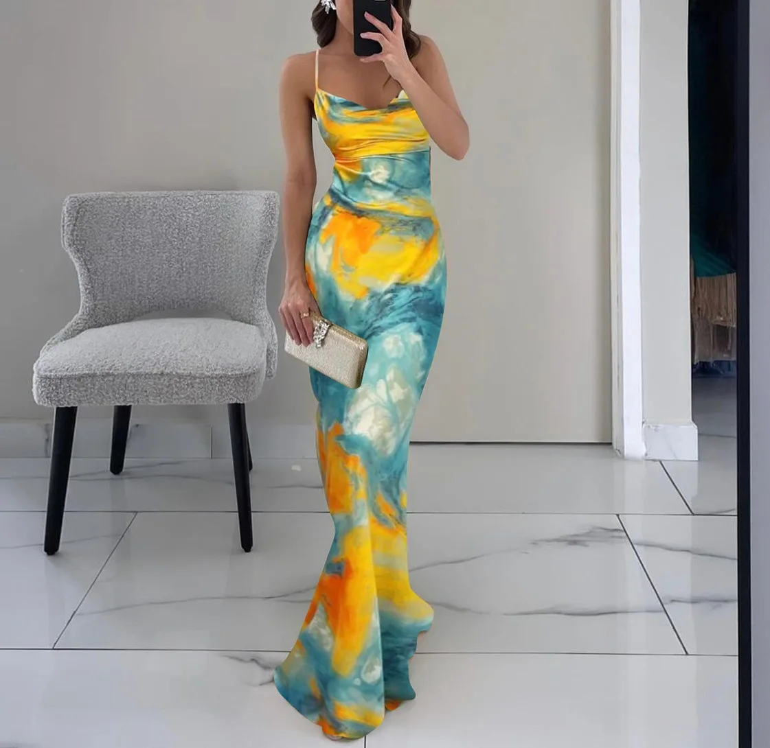 

SKMY Women Clothing 2025 Summer New Party Dresses Fashion Printed Temperament Sexy Slim Fit Sapghetti Strap Long Dresses