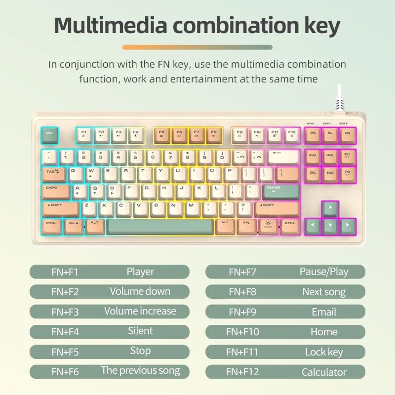لوحة مفاتيح XUNSVFOX K60 ذات ملمس ميكانيكي 87 مفتاحًا مطابقة الألوان RGB المضيئة للألعاب والكمبيوتر المحمول المكتبي السلكي #6