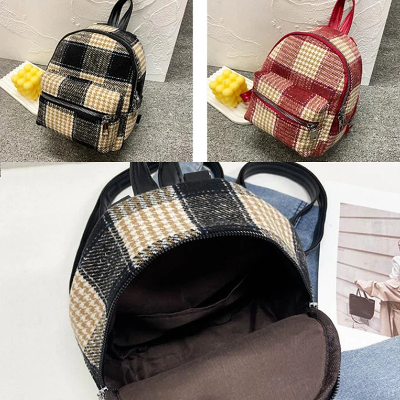 New Casual Women Backpack Zipper Checkered Schoolbag Korean Version Of Winter Fashion Small Backpack Female