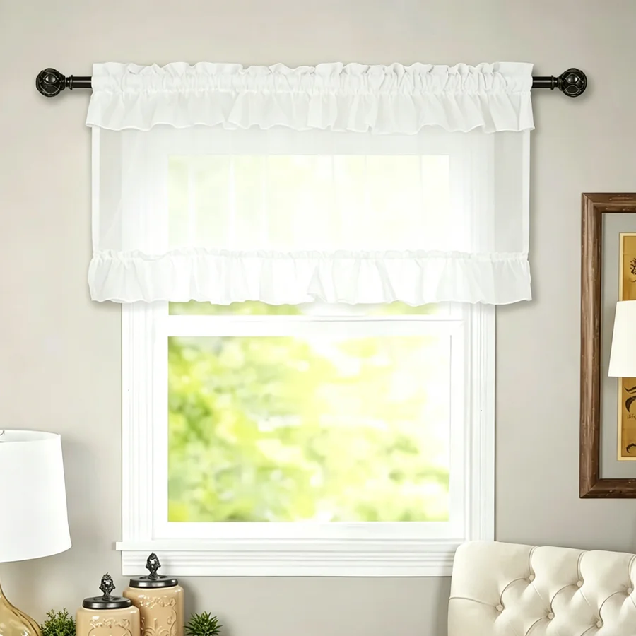 White Ruffled Sheer Curtain Valance, Rod Pocket Window Treatment for Kitchen/Bathroom