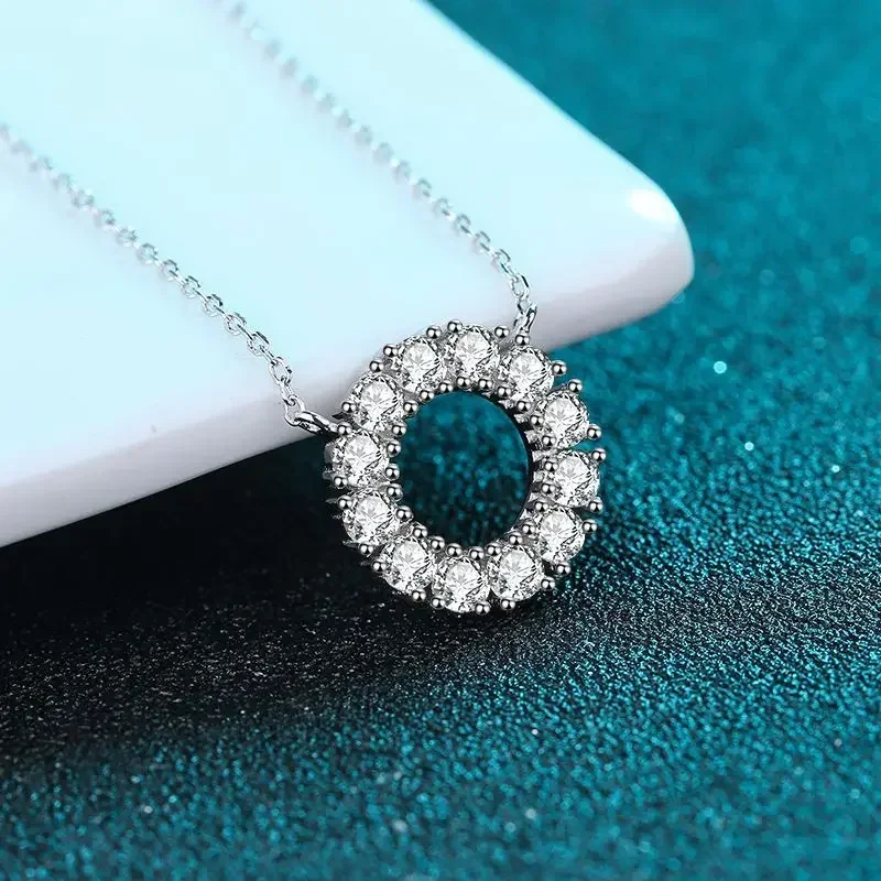 1.2 Carat Full Set Moissanite Platinum Circle Necklace for Women, Delicate Flower Garland Collarbone Chain Pendant Pt950 Jewelry