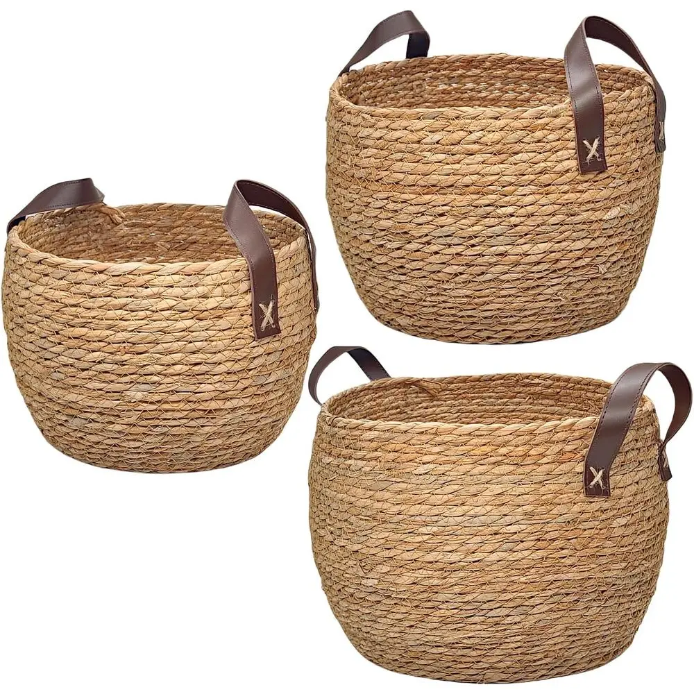 

Set of 3 Natural Seagrass Wicker Baskets with Leather Handles for Storage and Organization, 13, 12 & 11