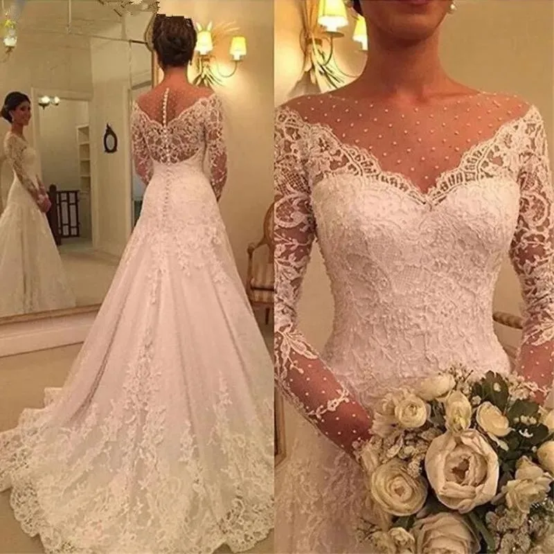 

Customized Long Sleeve Lace Applique Bead Mermaid Wedding Dresses Vintage Romantic Wedding Dresses For Woman vestidos de novia