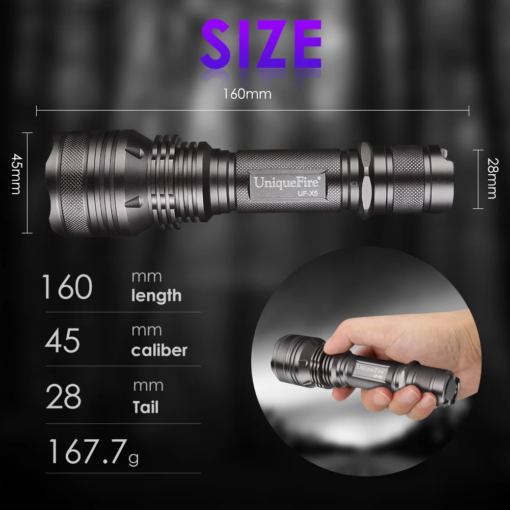 UniqueFire X5 UV365NM Black Light LED Flashlight Ultraviolet with Filter-Detector for Dog Pet Urine Stains Bed Bugs and Scorpion