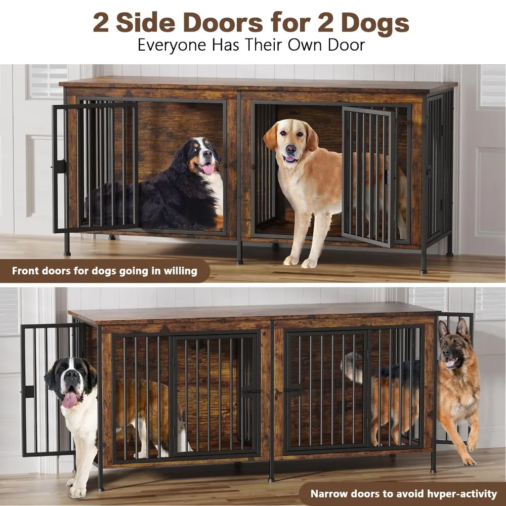 78 Inch Dog Cage Furniture for 2 Dogs, XXL Thick Wooden Dog Crate Furniture TV Stand, Sturdy Dog Kennel Furniture with Divider