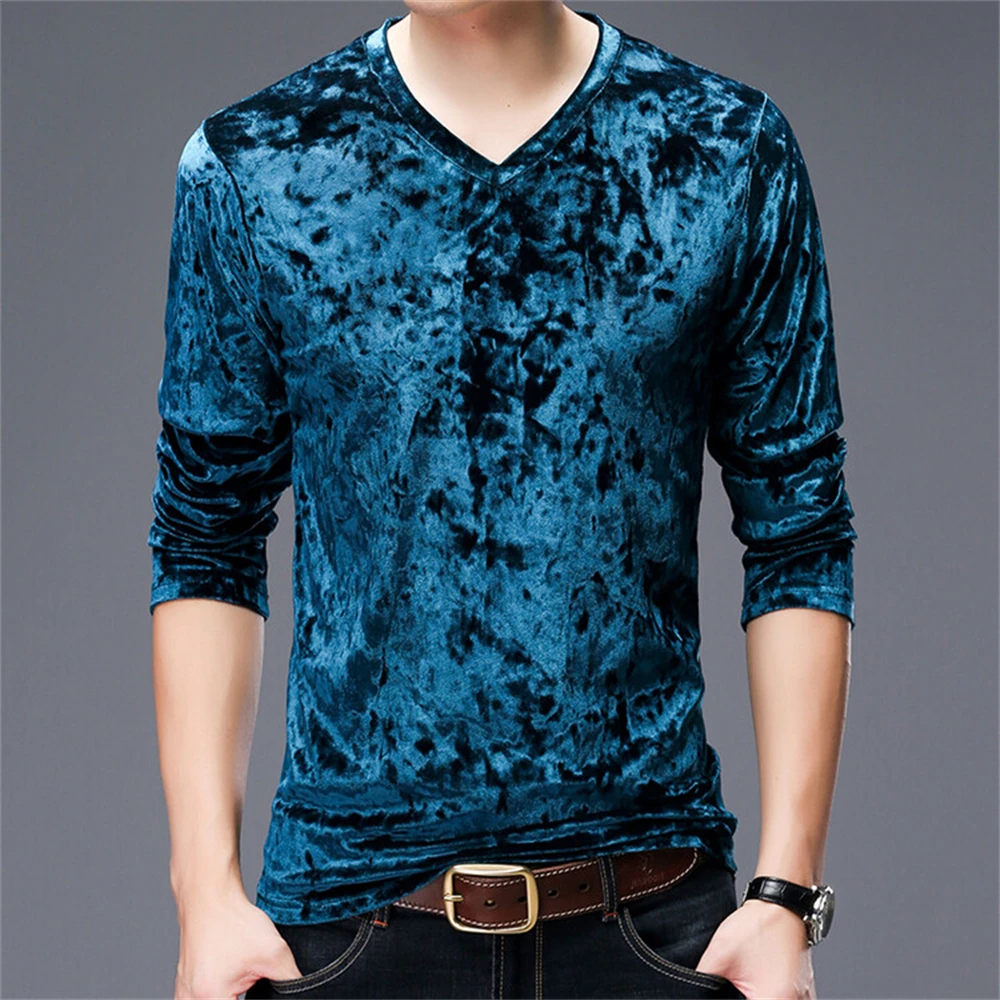 Velvet Luxury V-Neck T Shirt For Men Long Sleeved Fashion Casual Spring Quality Smooth Comfortable Easy Care Camisetas De Hombre