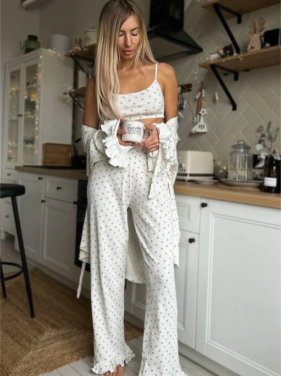 Wolfeel Lotus Leaf Edge Long Sleeved Camisole Pants Pajamas 3-piece Set 2025 Autumn Winter New Love Printed Sleepwear Set
