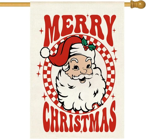 Merry Christmas House Flag Xmas Santa Claus Burlap 28 X 40 Inch Vertical Double 7445028656649 AAV hhz