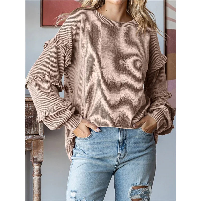 

【SEE】Women's Crew Neck Long Sleeve Blouse Loose Tunics Knit Solid Color Tops Fall Tee Shirts