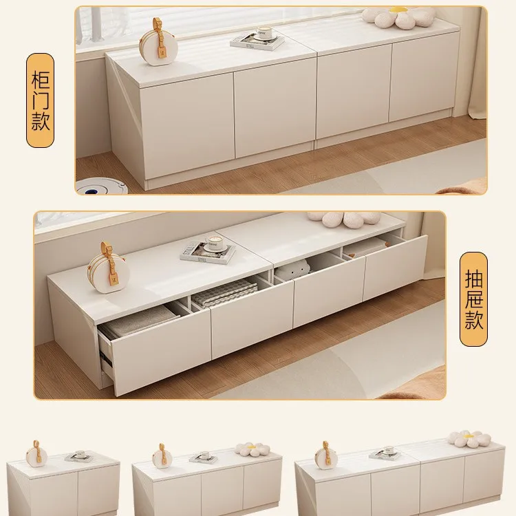 bay window storage cabinet, sunscreen space, utility  storage cabinet, long strip by the window, low cabinet, balc