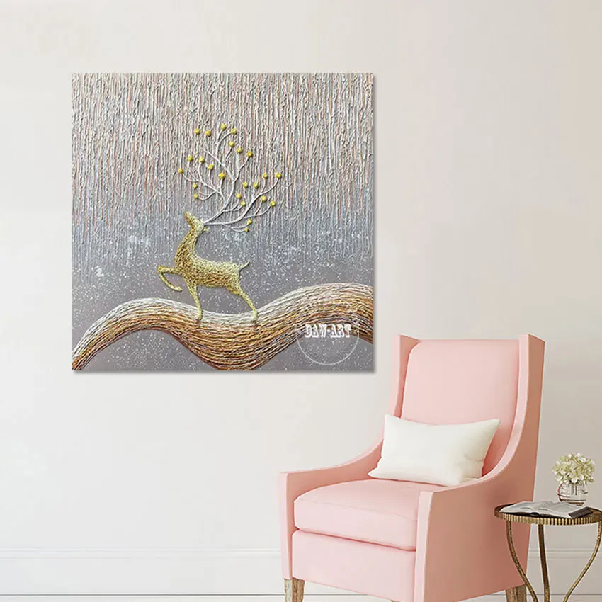 Deer Abstract Frameless Oil Paintings No Framed Animal Design Art Picture, Gold Foil Textured Wall Poster Cheap Canvas Artwork