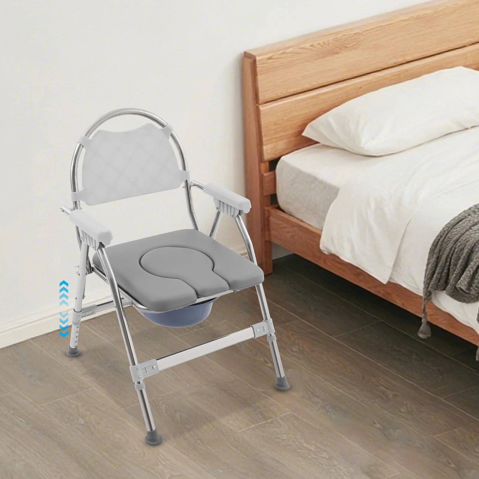 

Gray Modern Toilet Chair, Toilet Chair with Padded Seat Plate and Toilet Bucket, Foldable Commode Chair for Seniors