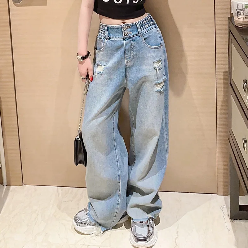 vintage teenage girls jeans pants ripped wide leg denim pants floor mop trousers distressed holes kids clothes 6 to 16 years