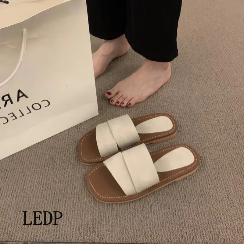 LEDP Women's Slippers Design Retro Open-toe Flats 2024 Summer Seaside Resort Beach Sandals Imitation Suede Leather Upper Mule