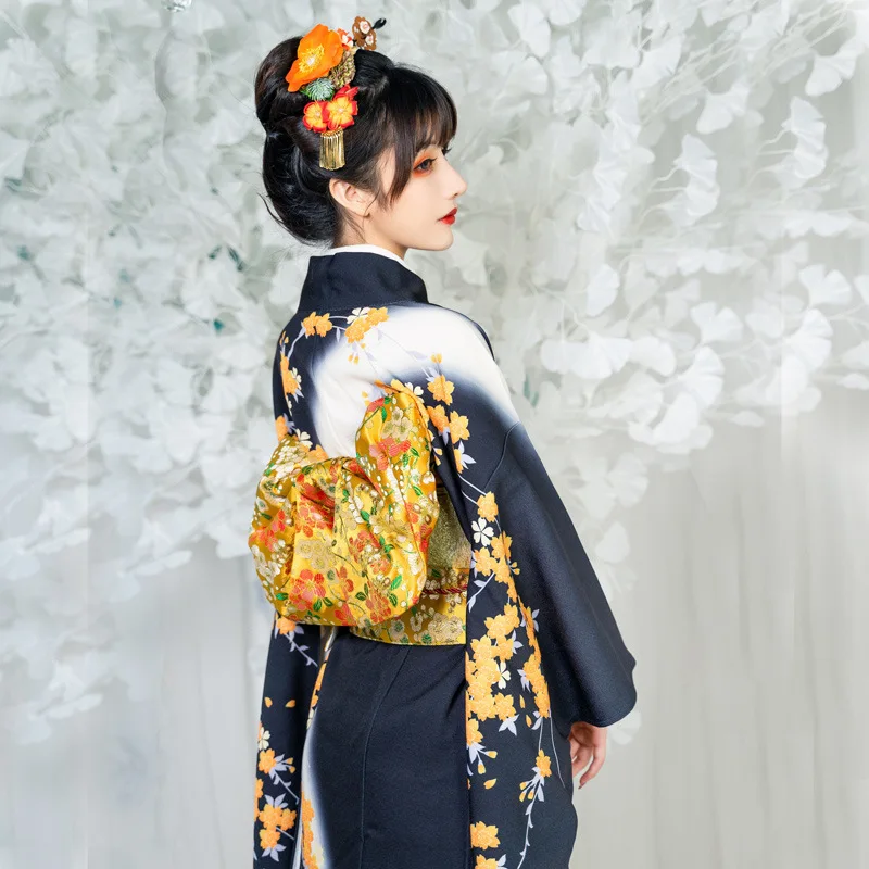 Women's Japanese Traditional Kimono with Obi Long Sleeve Floral Prints Formal Yukata Set Cosplay Costume Photography Retro Dress