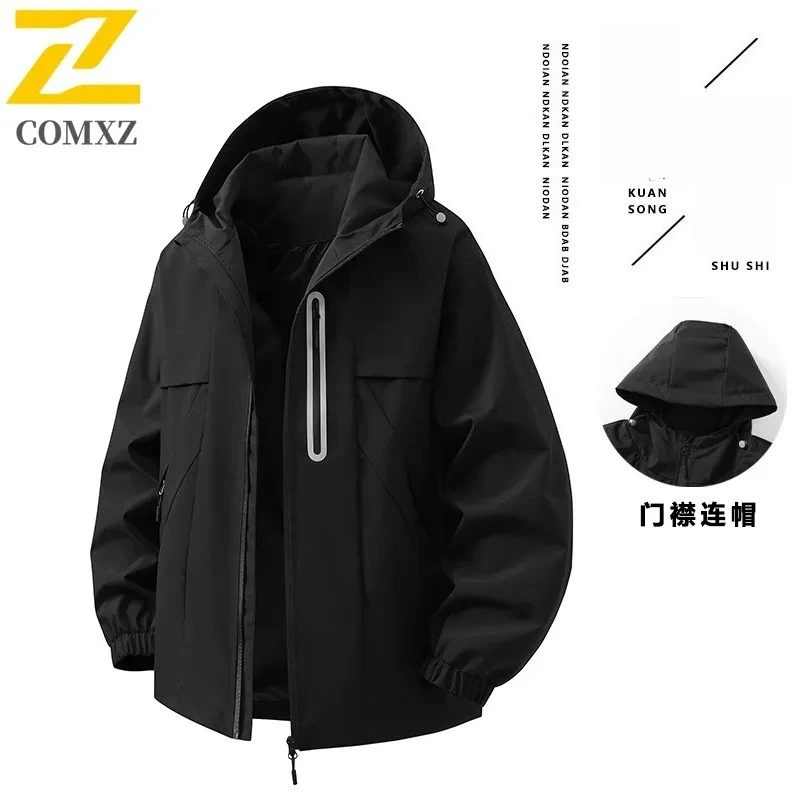 COMXZ 2025 New Hooded Jacket Men Oxford Check Water Resistant Mountain Wear High Quality Youth Outwear Parka Coat