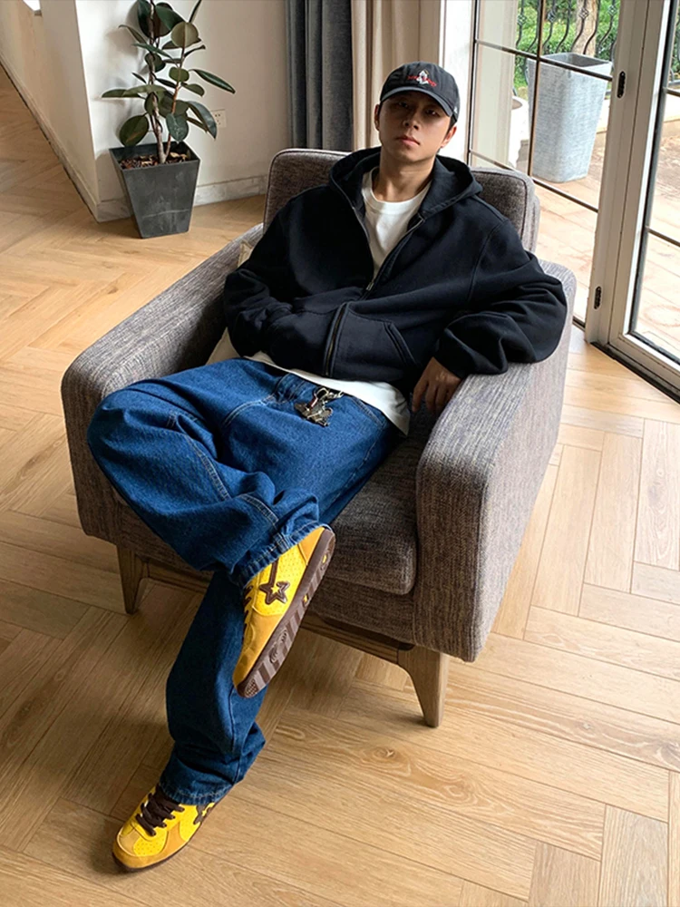 Cleanfit Deep Blue Washed Wide Leg Men's Jeans Casual Loose Straight Cut Trousers Autumn Season Japanese Style Retro Clothing
