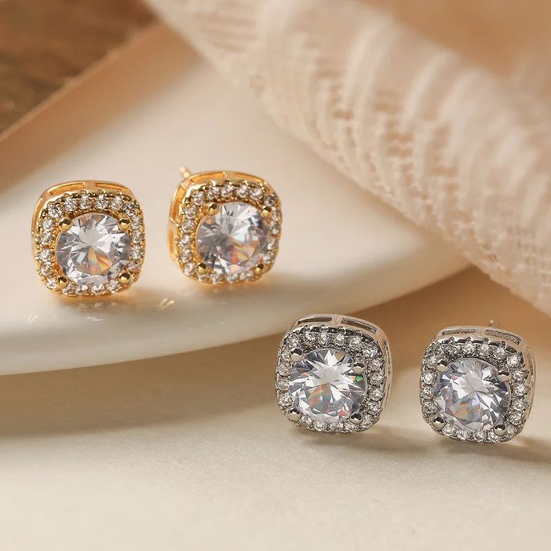 Simple and Exquisite Copper 18K Gold Plated Zircon Square Earrings for Women, Niche Retro Versatile Ear Jewelry