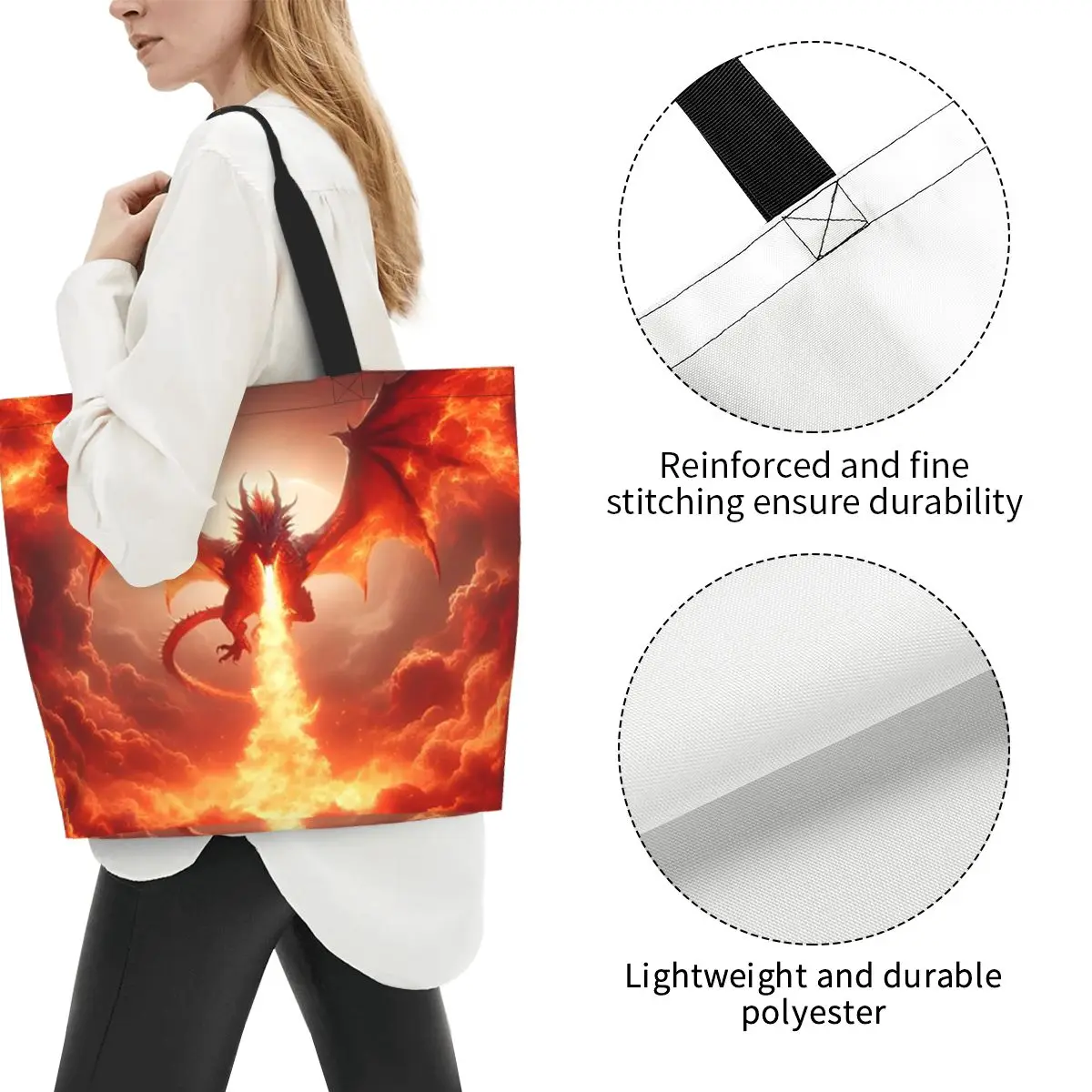 Dragon In The Fire Shopping Tote Bag Canvas Large Capacity Shoulder Bags Shopper Grocery Handbag for Women