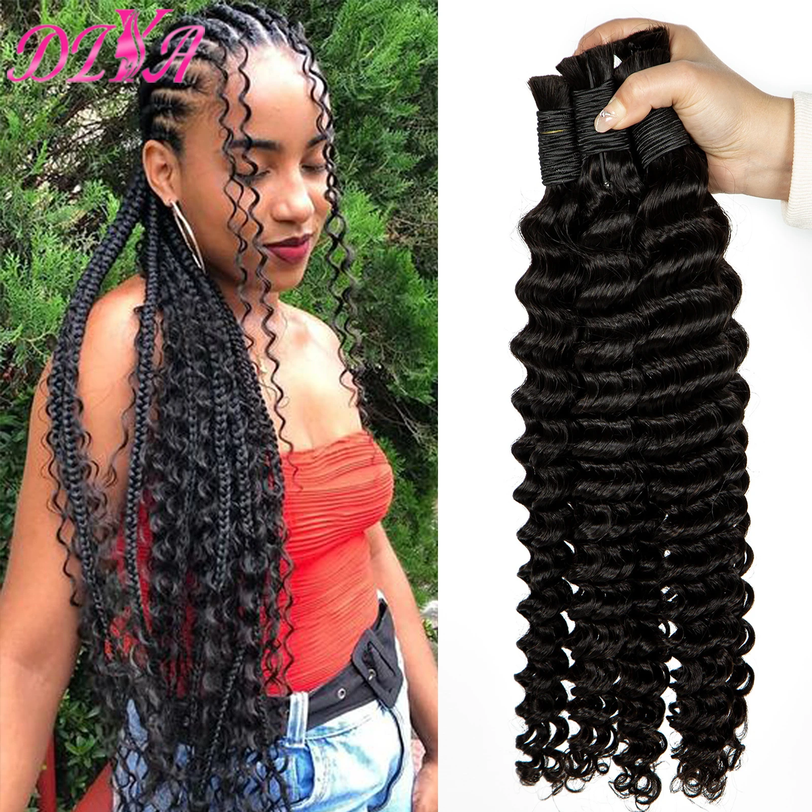 

Natural Black Human Hair Bulk for Boho Braiding 16-28 Inches Deep Wave Virgin Hair Extension Braids No weft Hair Bulk Extensions