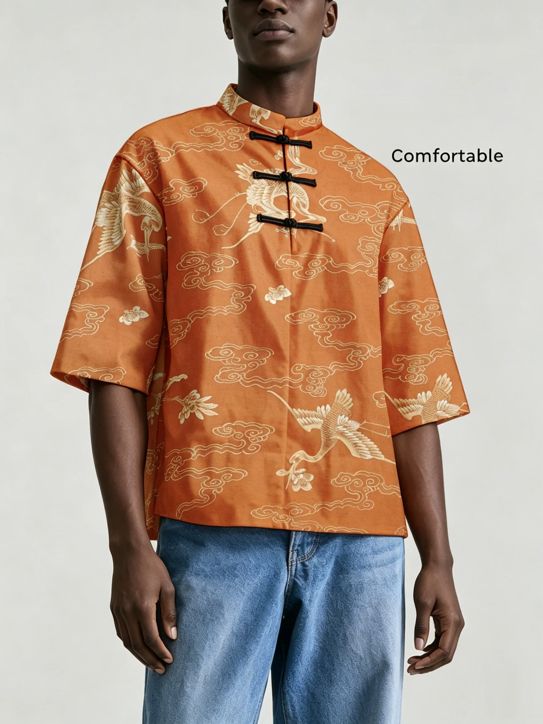 Men Chinese Style Frog Button Stand Collar Shirt, Loose Short Sleeve Animal Print Casual Blouse For Summer