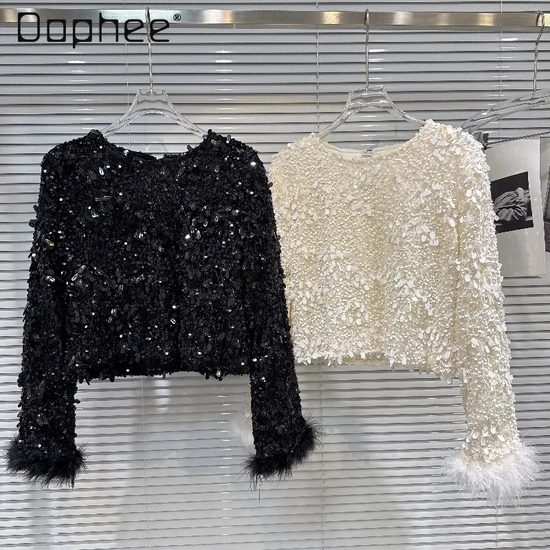 

Heavy Craft Socialite Plush Patchwork Long Sleeve Sequin Beaded T-Shirt French Elegant Socialite Fashion Top Basic Versatile