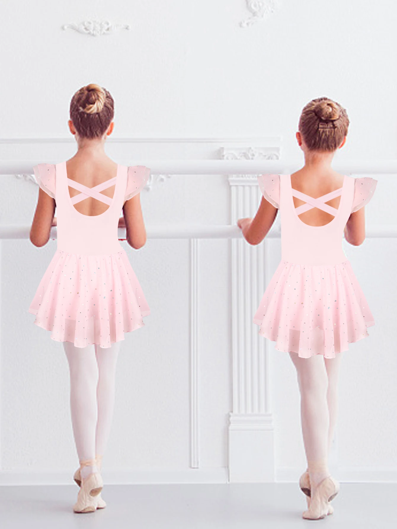 Girls Ballet Leotard Shiny Ruffle  Sleeve Dance Dress with Criss-Cross Back Toddler Ballerina Outfits